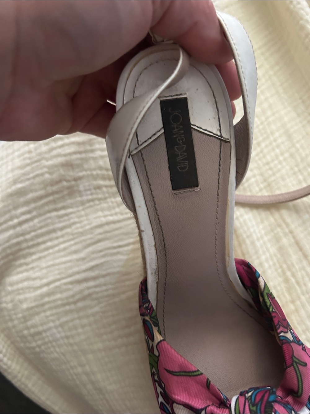 Joan & David Pink Floral Knot Front Ankle-Strap Heels with Cream Straps